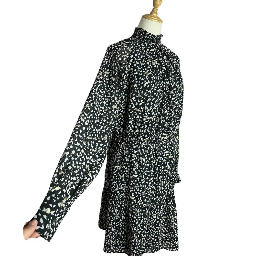 NWOT New York & Company Spotted Mock Neck Long Sleeve Black Gold Dress Size XL